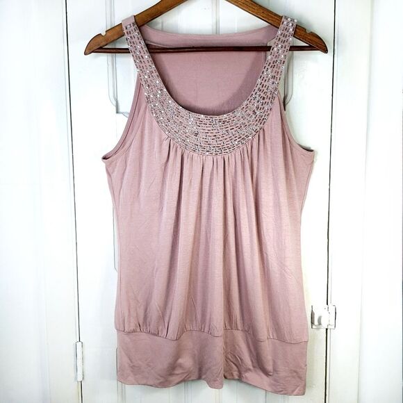 Cable & Gauge Pink Beaded Scoop Neck Tank Top Crystal Collar Sz M - Picture 2 of 14